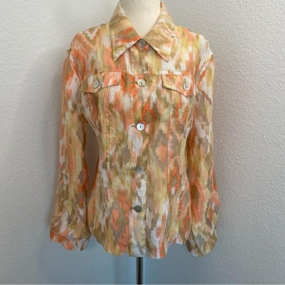 NWOT Sheer Peach Tan White Blouse Jkt Button Pocket Flattering Fit Ruby Rd SZ 12